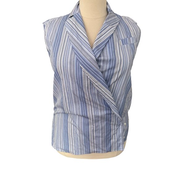 Nina Ricci Size S Blue & White Striped Criss Cross Sleeveless Wrap Blouse Top - Picture 2 of 16